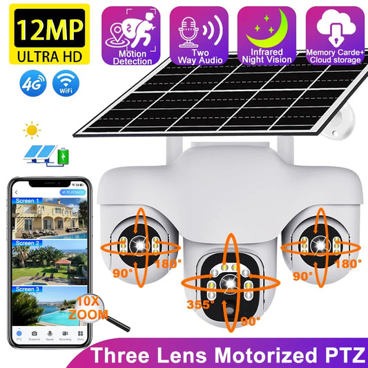 12MP HD trois objectifs caméra de Surveillance à énergie solaire extérieure CCTV 10X Zoom caméra de sécurité sans fil étanche PTZ caméra ferme